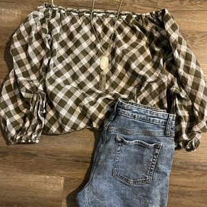 Max Studio Checkered Off-The-Shoulder Top